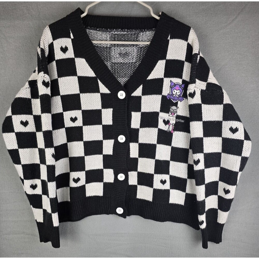 Sanrio Kuromi Checkered Cardigan Women XXL Cozy Kawaii Cute Goth Y2K Preppy
